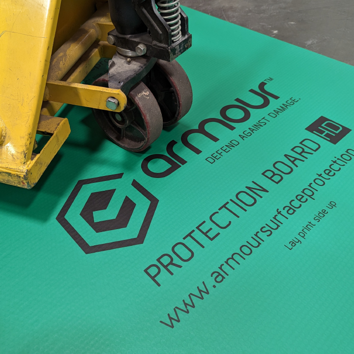 Armour Protection Board - Green HD with pallet jack traffic for Axiom Surface Protection blog